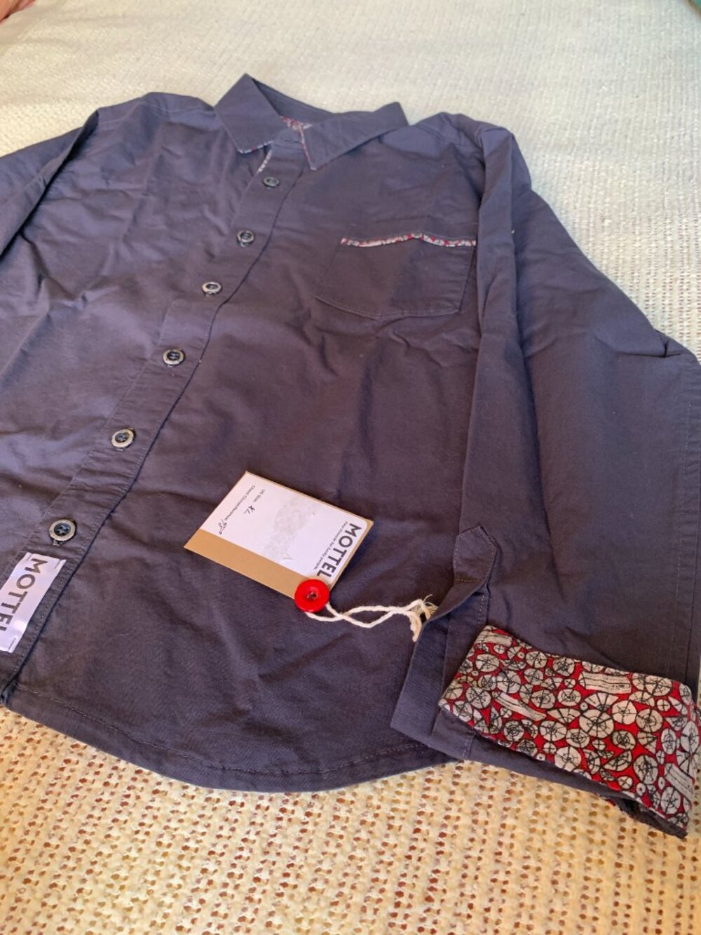 MOTTEL Handmade Navy Button-Up Shirt Size Small w/ Pattern Trim Ethical Fashion